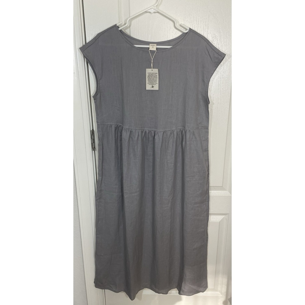 Lintico 100% Linen Dress Large Gray Lagenlook Coastal Beachy Boho Summer Midi